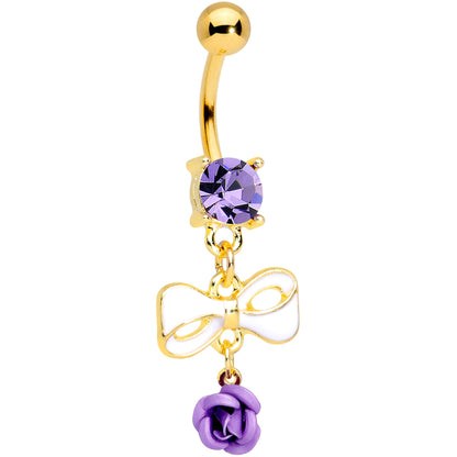 Purple Gem Gold Tone Bow Rose Flower Dangle Belly Ring