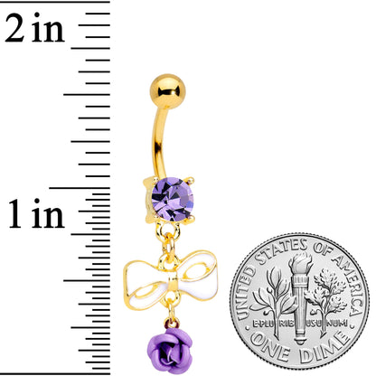 Purple Gem Gold Tone Bow Rose Flower Dangle Belly Ring