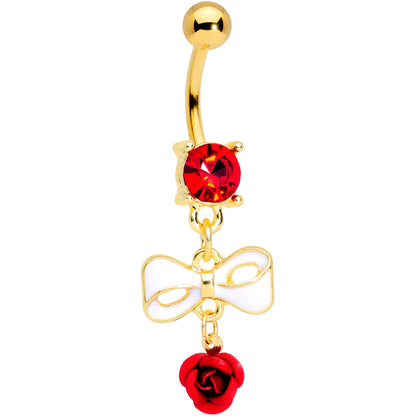 Red Gem Gold Tone Bow Rose Flower Dangle Belly Ring