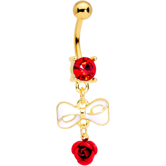 Red Gem Gold Tone Bow Rose Flower Dangle Belly Ring