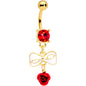 Red Gem Gold Tone Bow Rose Flower Dangle Belly Ring