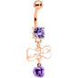 Purple Gem Rose Gold Tone Bow Rose Flower Dangle Belly Ring