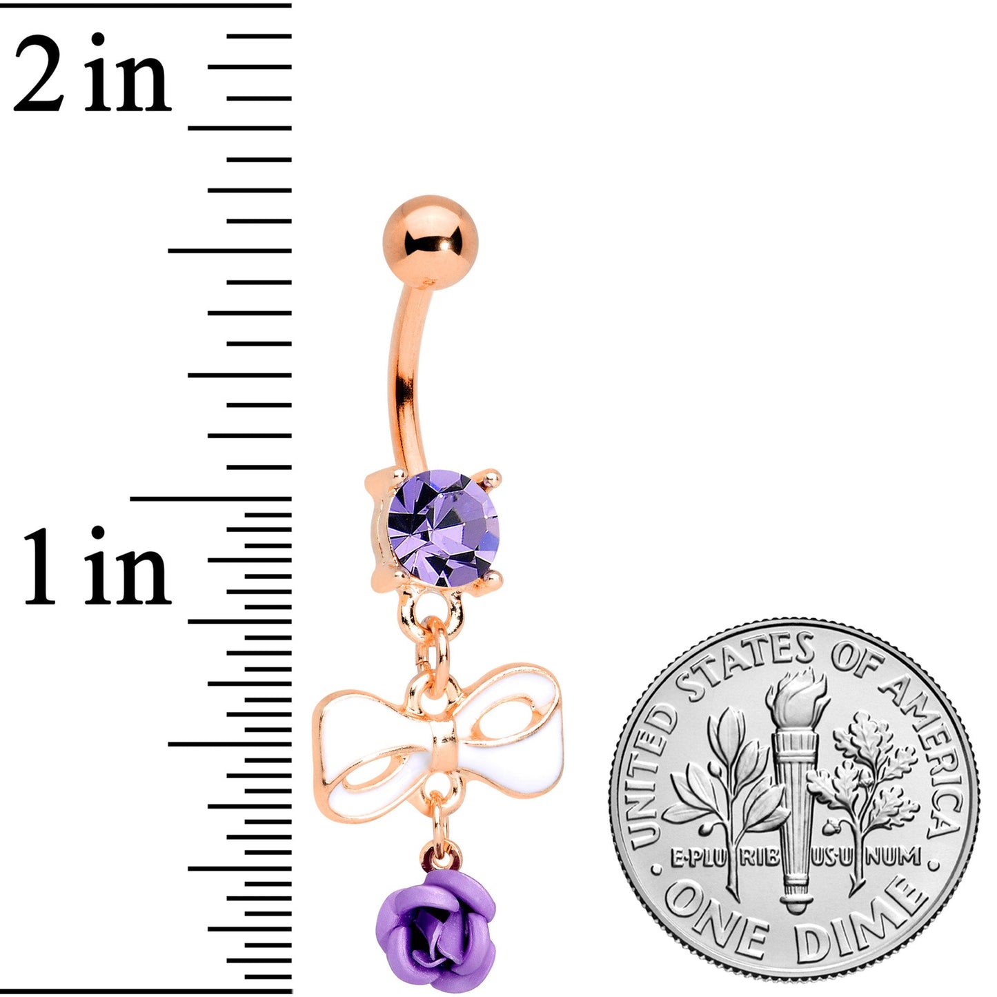 Purple Gem Rose Gold Tone Bow Rose Flower Dangle Belly Ring