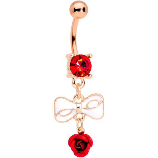 Red Gem Rose Gold Tone Bow Rose Flower Dangle Belly Ring