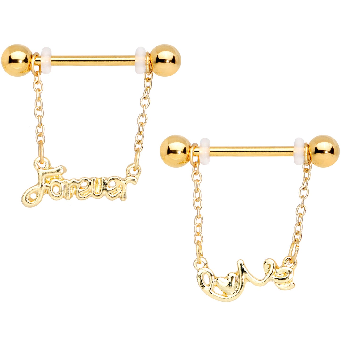 14 Gauge 1/2 Gold Tone Love Forever Chain Dangle Nipple Ring Set