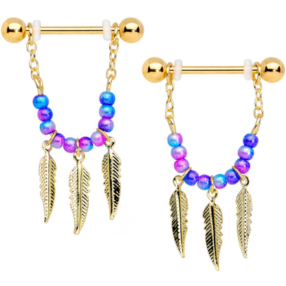 14 Gauge 1/2 Gold Tone Blue Purple Bead Feather Dangle Nipple Ring Set