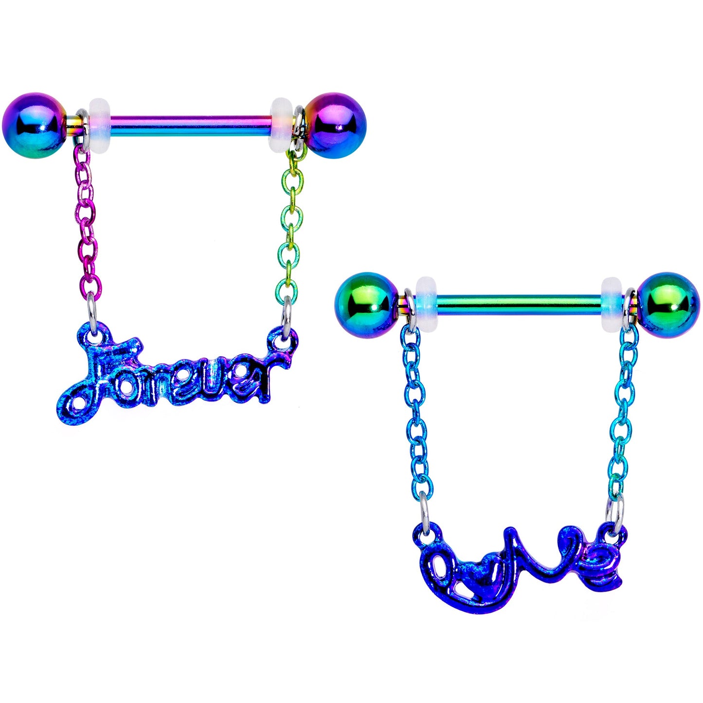 14 Gauge 18mm Rainbow Love Forever Chain Dangle Nipple Ring Set