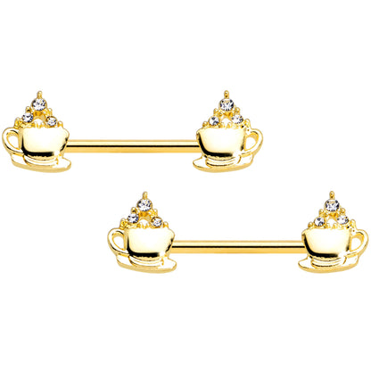 14 Gauge 9/16 Clear Gem Gold Tone Hot Cocoa Barbell Nipple Ring Set