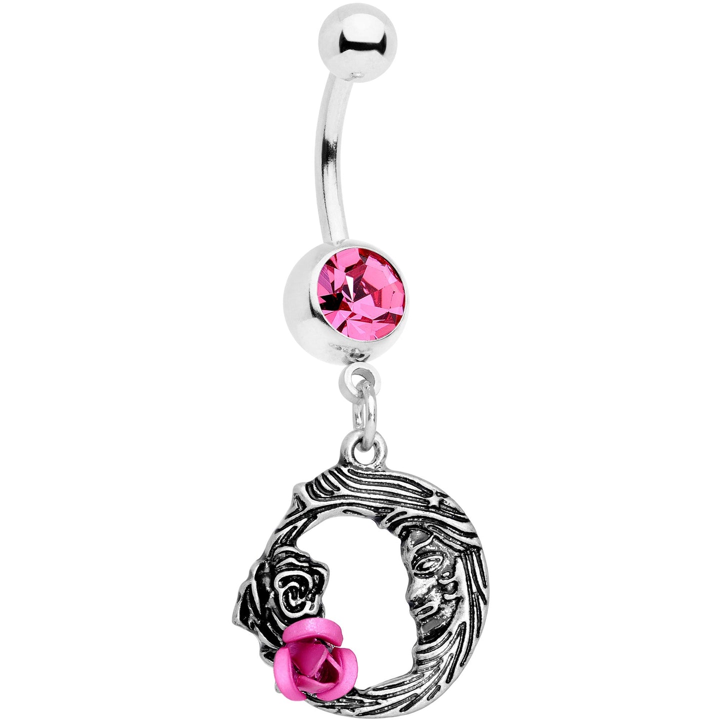 Pink Gem Rose Flower Moon Dangle Belly Ring