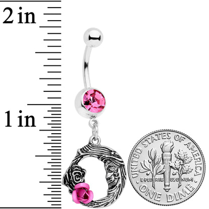 Pink Gem Rose Flower Moon Dangle Belly Ring