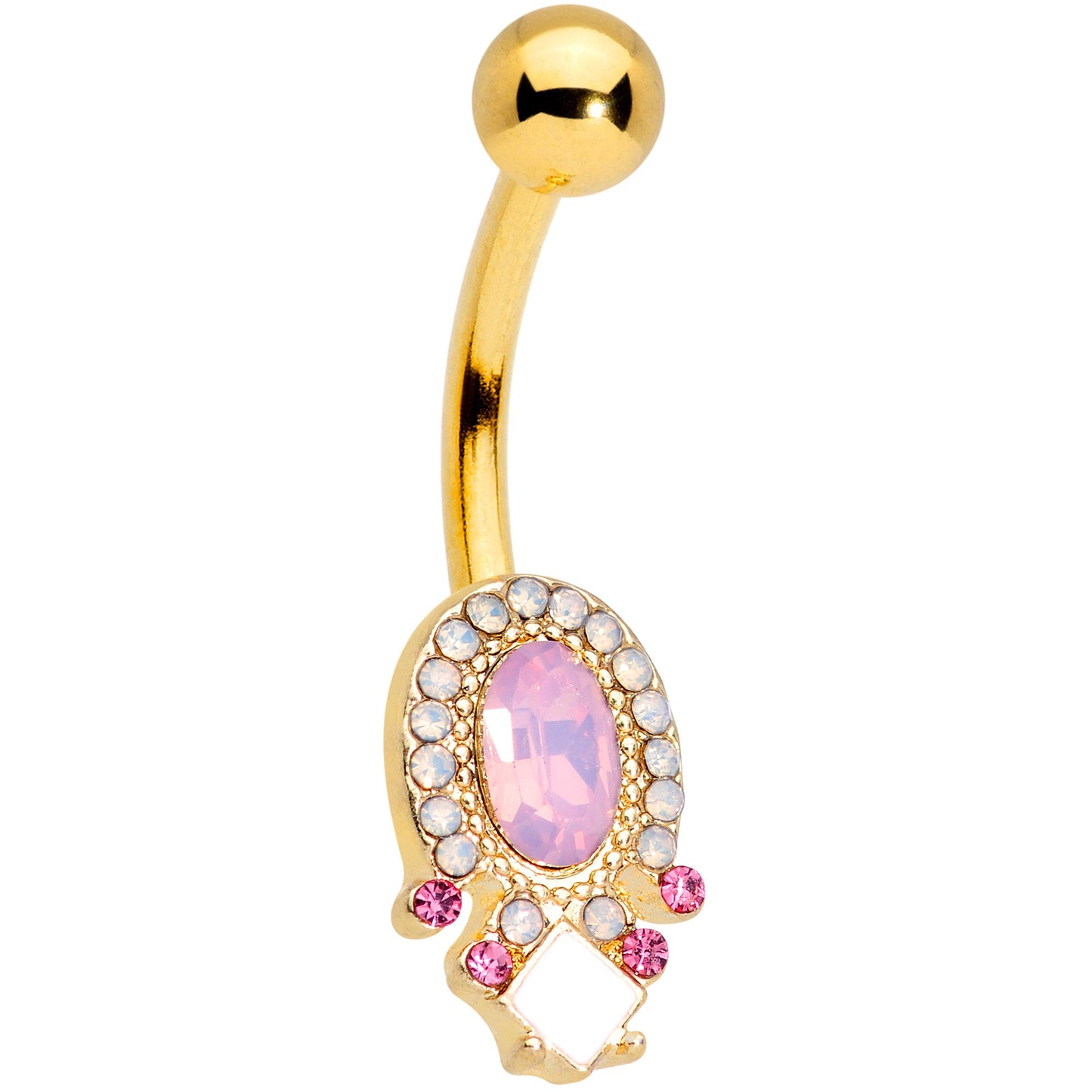 Pink Gem White Faux Opal Gold Tone Belly Ring