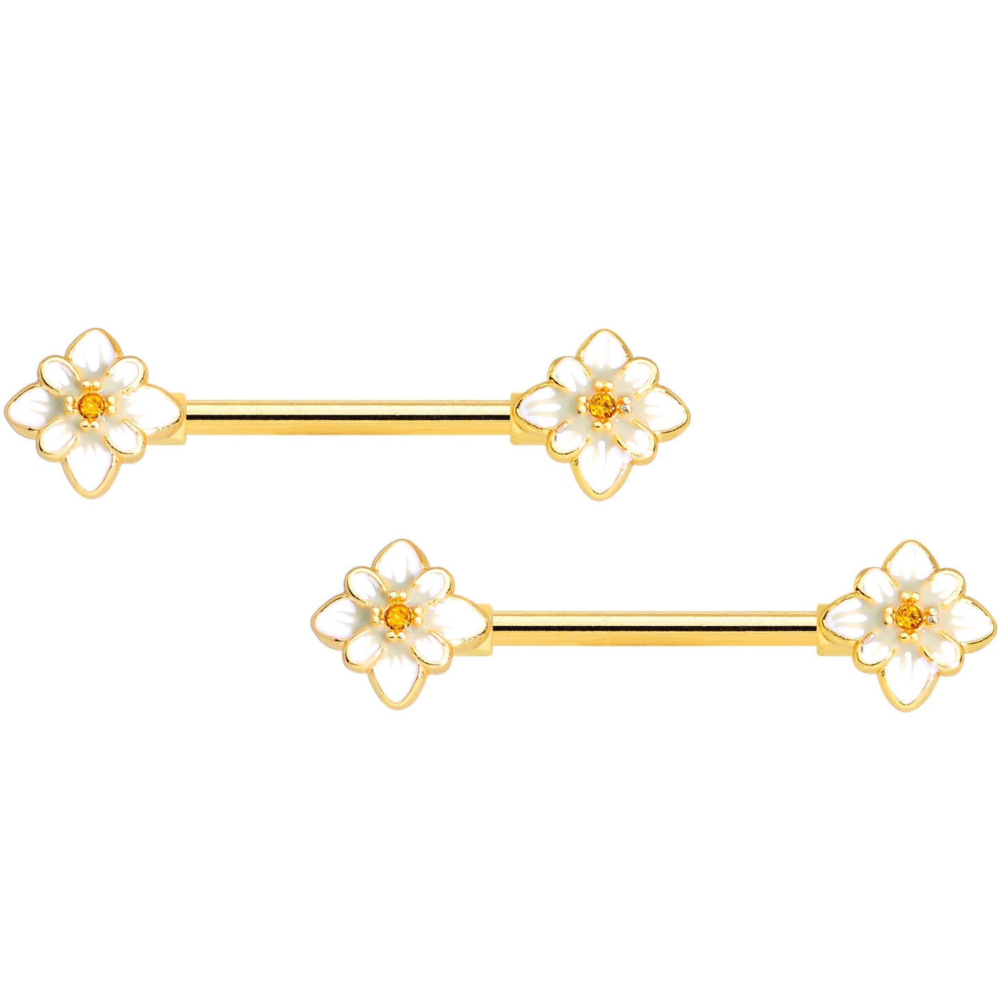 14 Gauge 9/16 Yellow Gem Gold Tone Flower Barbell Nipple Ring Set