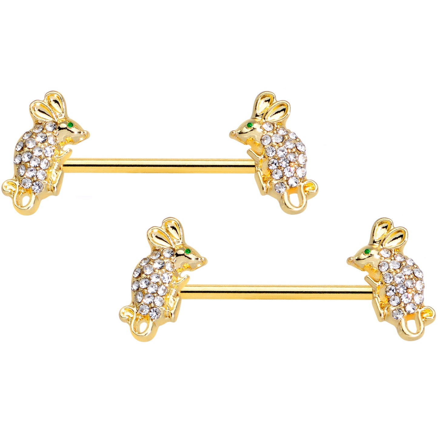 14 Gauge 9/16 Clear Aqua Gem Gold Tone Mouse Barbell Nipple Ring Set