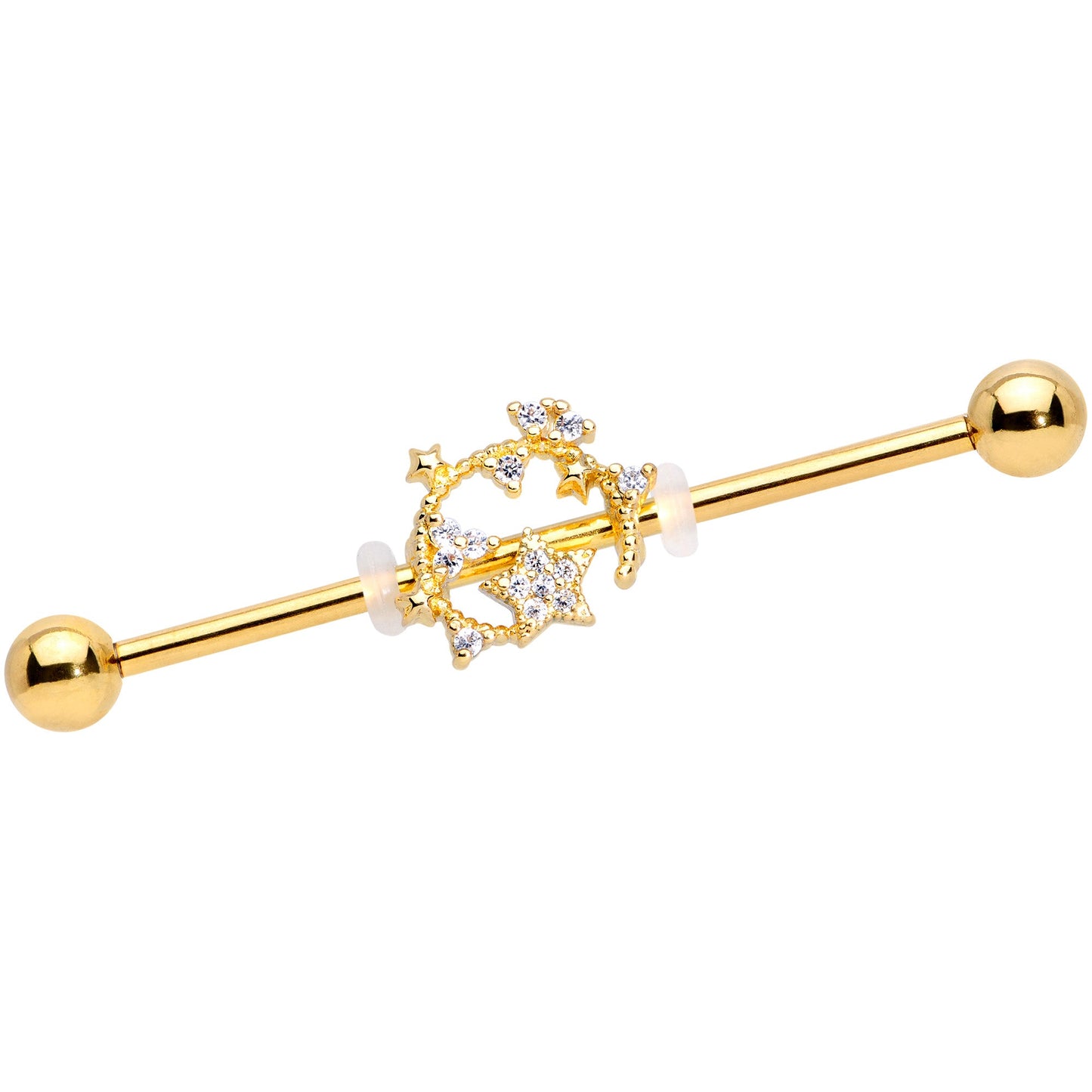 14 Gauge Clear CZ Gem Gold Tone Circle Star Industrial Barbell 38mm