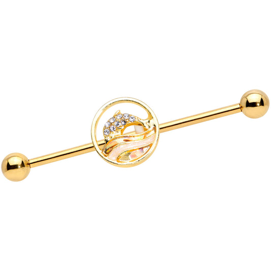 14 Gauge Clear Gem Gold Tone Leaping Dolphin Industrial Barbell 38mm