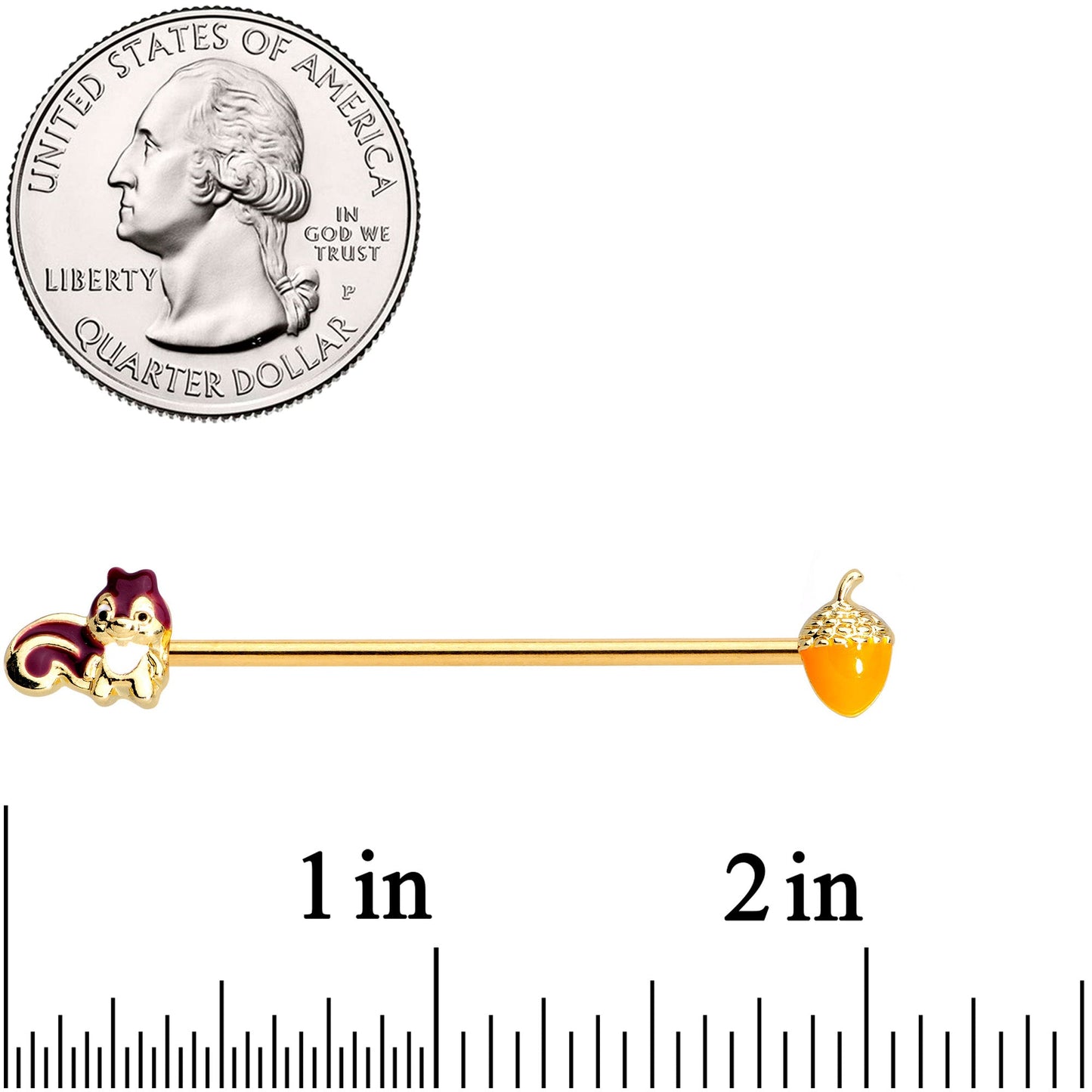 14 Gauge Gold Tone Squirrel Acorn Industrial Barbell 38mm