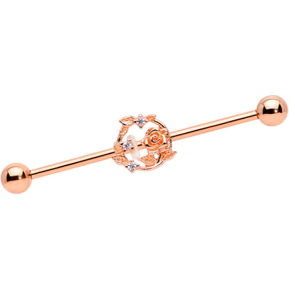 14 Gauge Clear CZ Gem Rose Gold Tone Floral Industrial Barbell 38mm