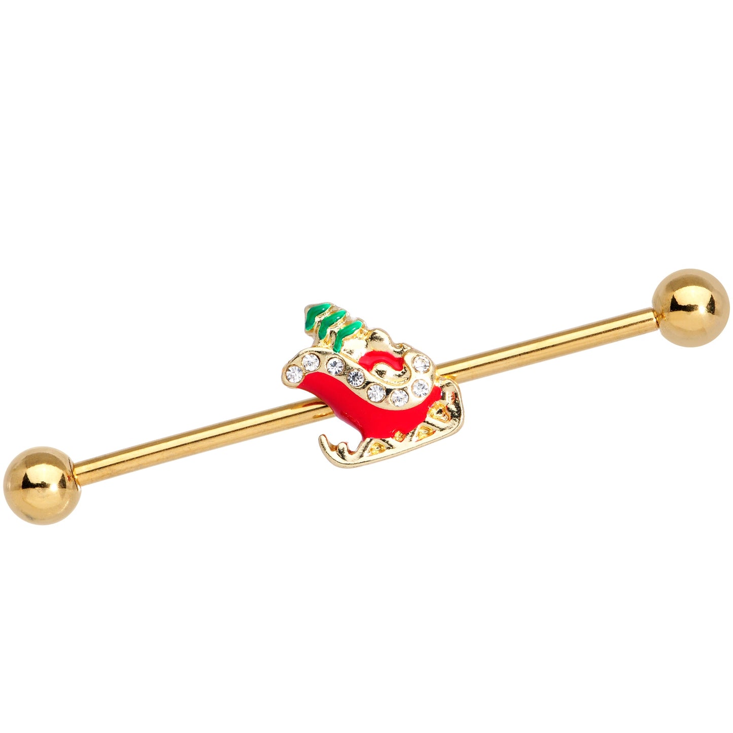 14 Gauge Clear Gem Gold Tone Sleigh Christmas Industrial Barbell 38mm