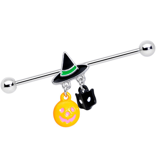 14 Gauge Witch Hat Pumpkin Halloween Dangle Industrial Barbell 38mm