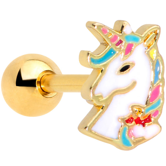16 Gauge 1/4 Gold Tone Rainbow Unicorn Cartilage Tragus Earring