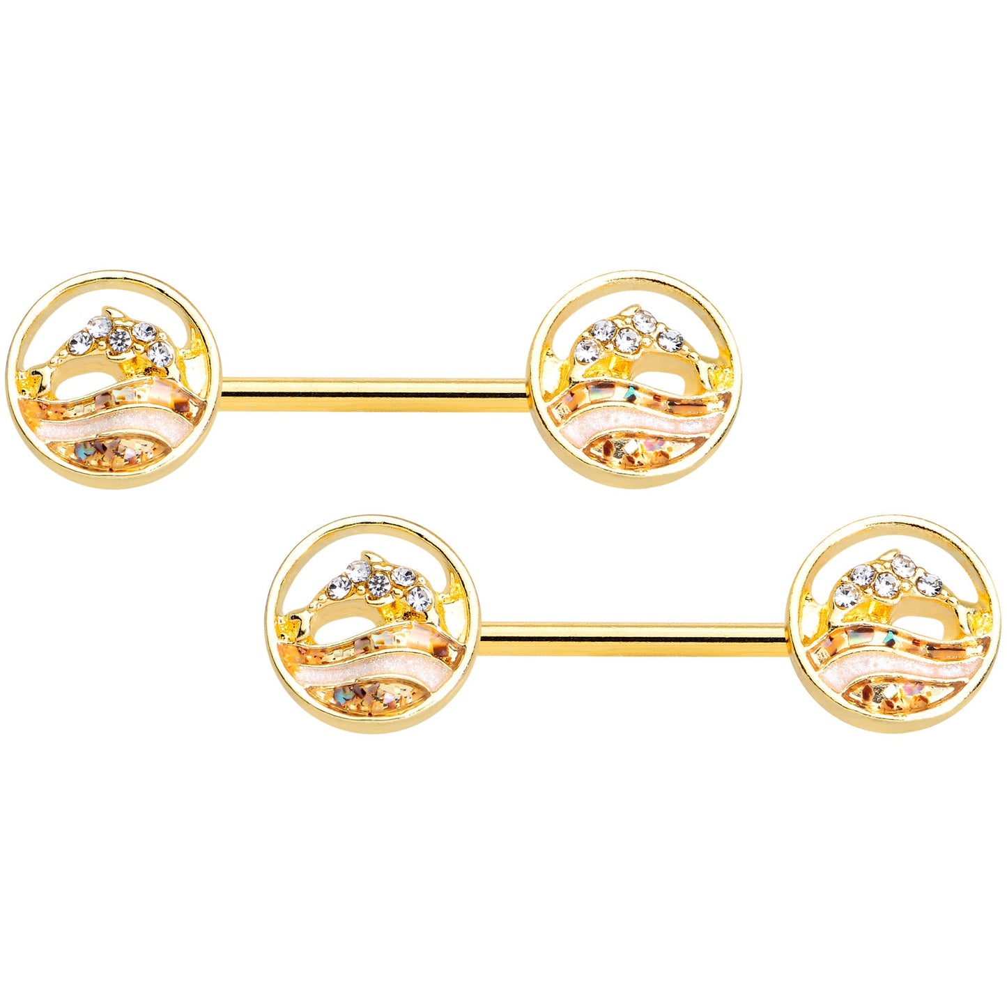 14 Gauge 9/16 Clear Gem Gold Tone Leaping Dolphin Barbell Nipple Set