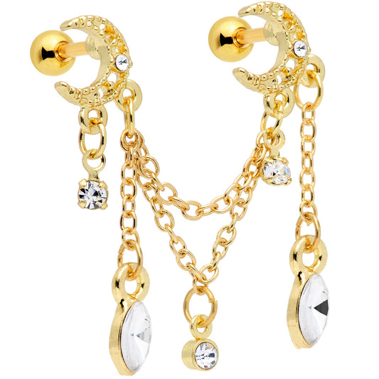 16 Gauge 1/4 Clear CZ Gem Gold Hue Moon Dangle Cartilage Chain Earring