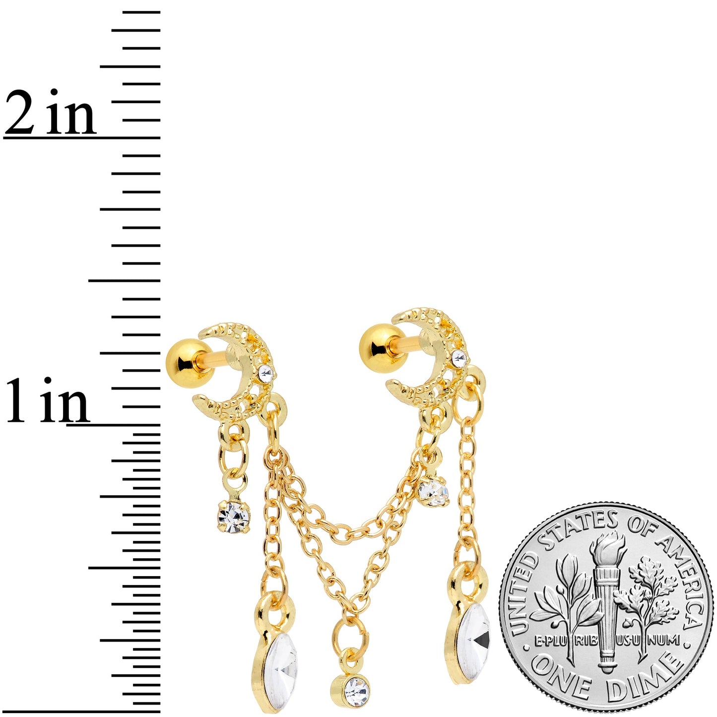 16 Gauge 1/4 Clear CZ Gem Gold Hue Moon Dangle Cartilage Chain Earring