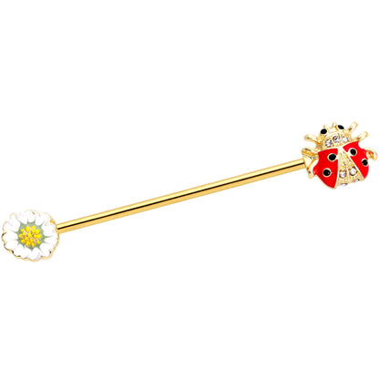 14 Gauge Clear Gem Gold Tone Ladybug Flower Industrial Barbell 38mm