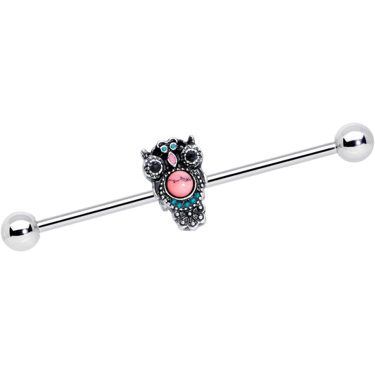 14 Gauge Black Gem Pink Orb Owl Industrial Barbell 38mm