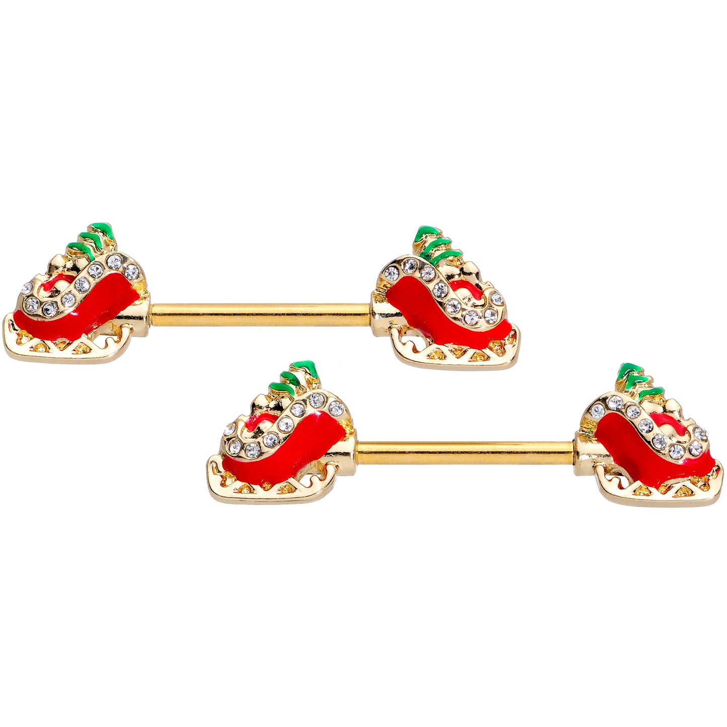 14 Gauge 9/16 Clear Gem Santa Sleigh Christmas Barbell Nipple Ring Set