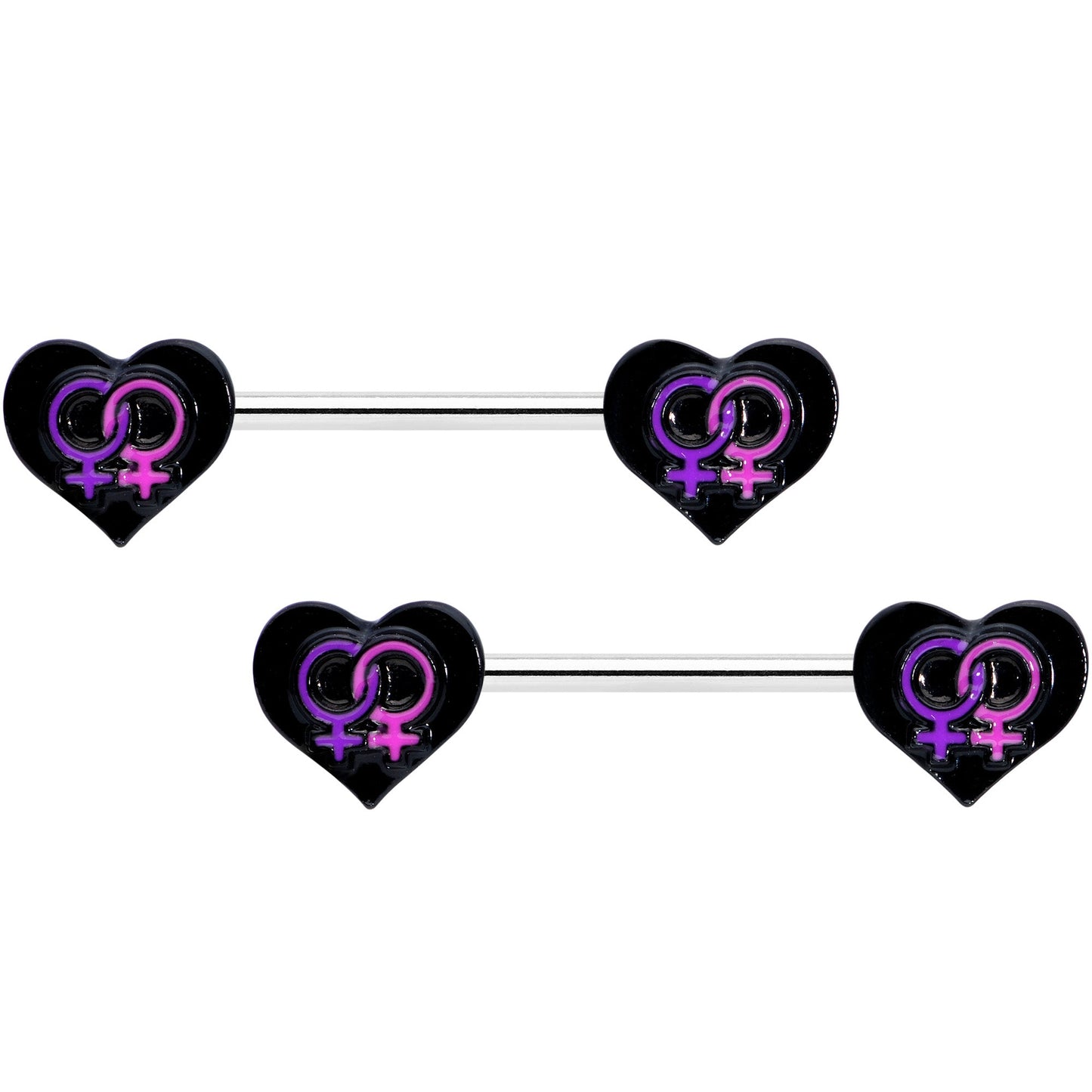 14 Gauge 9/16 Lesbian Love Heart Barbell Nipple Ring Set