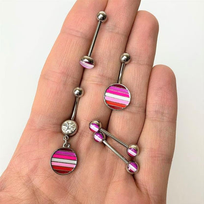 Clear Gem Lesbian Pride Flag Disc Dangle Belly Ring