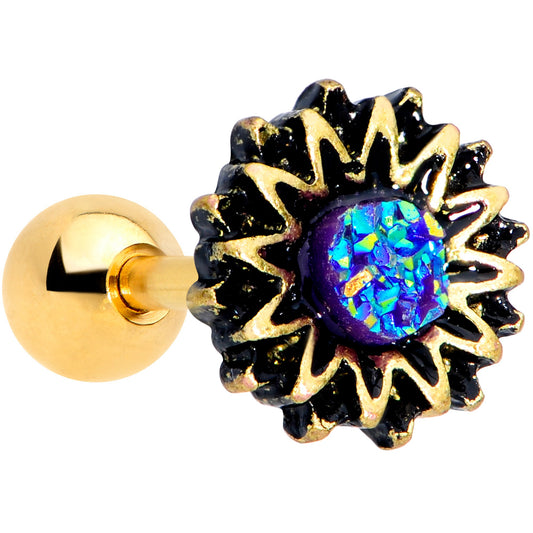 16 Gauge 1/4 Gold Tone Aqua Center Sunburst Cartilage Tragus Earring