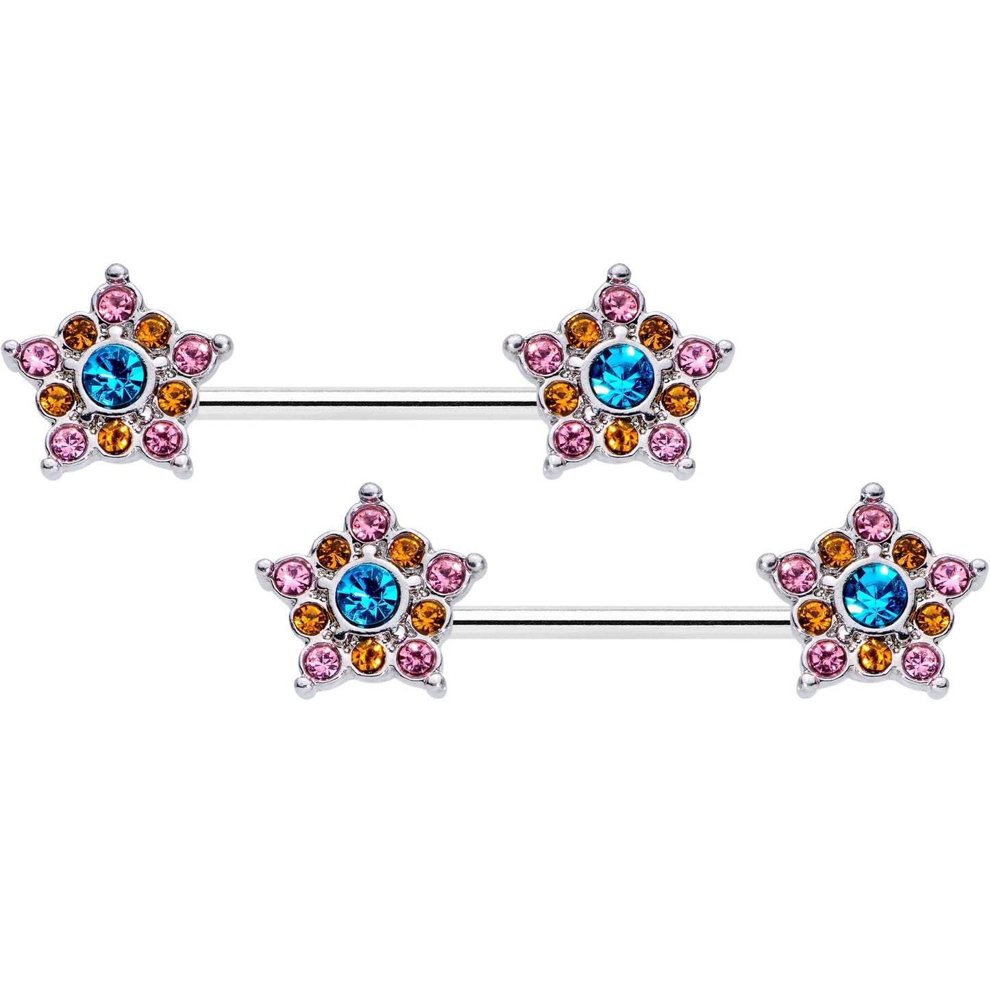 14 Gauge 9/16 Pink Yellow Blue Gem Showy Stars Barbell Nipple Ring Set