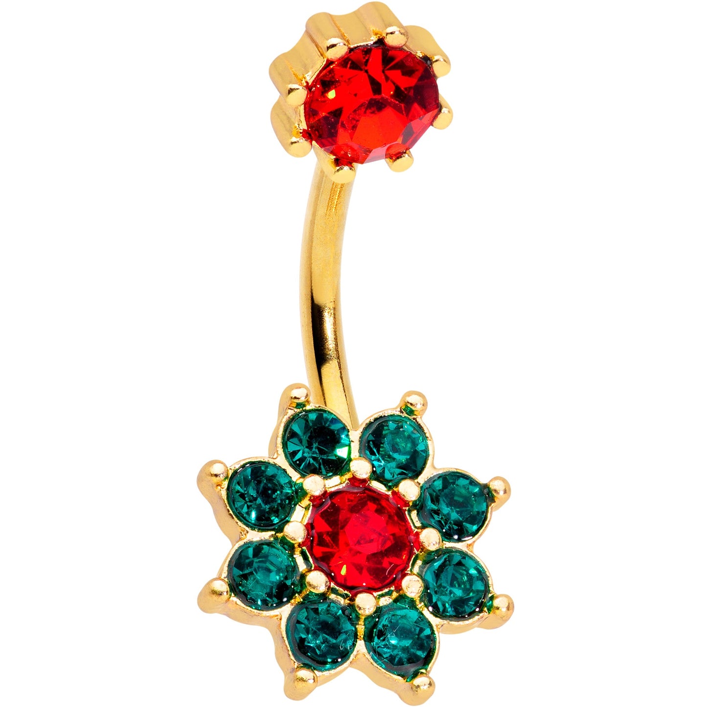 Red Green Gem Gold Tone Christmas Flower Belly Ring