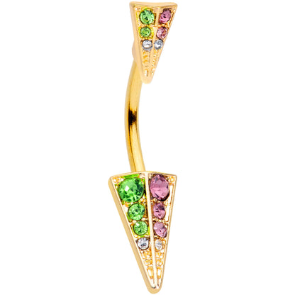 Pink Green Gem Gold Tone Triangle Double Mount Belly Ring