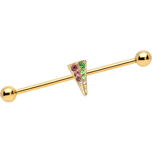 14 Gauge Pink Green Gem Gold Tone Triangle Industrial Barbell 38mm