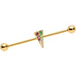 14 Gauge Pink Green Gem Gold Tone Triangle Industrial Barbell 38mm