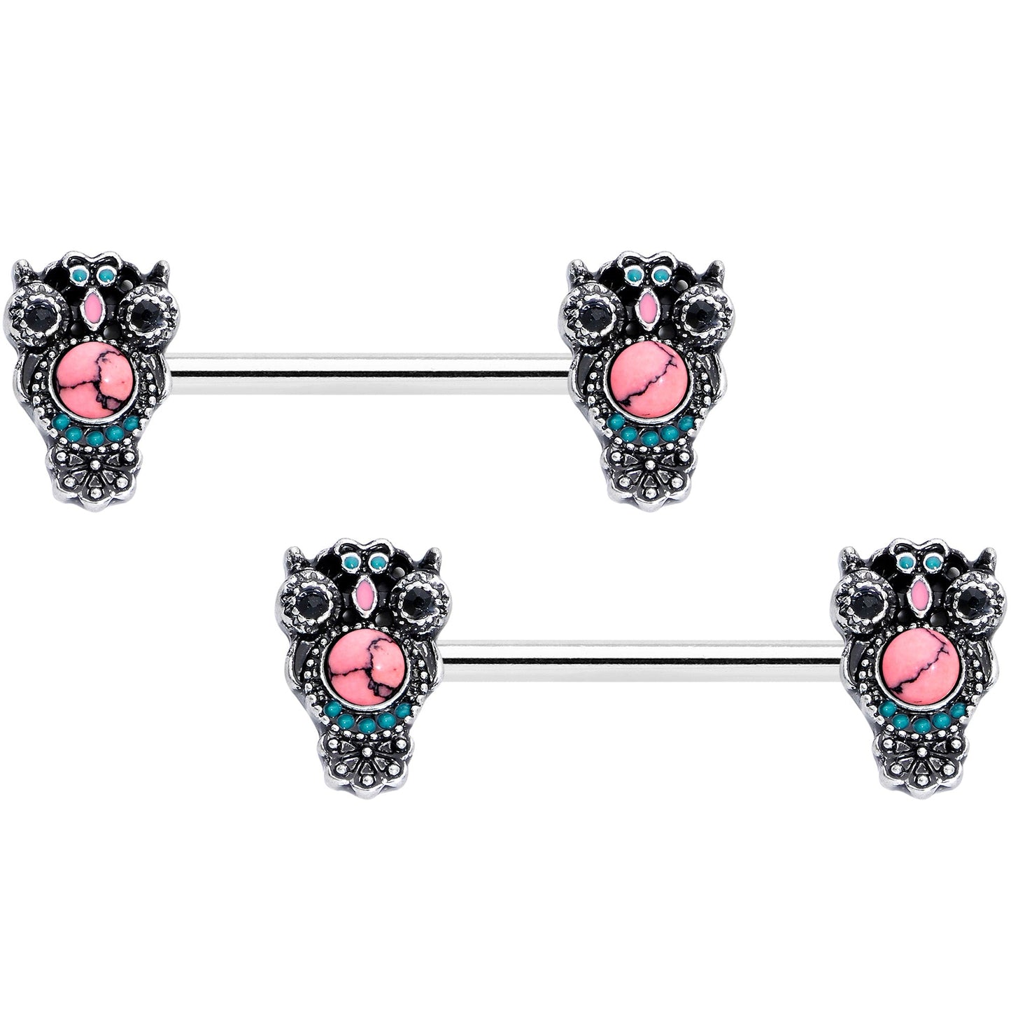 14 Gauge 9/16 Black Gem Pink Orb Owl Barbell Nipple Ring Set