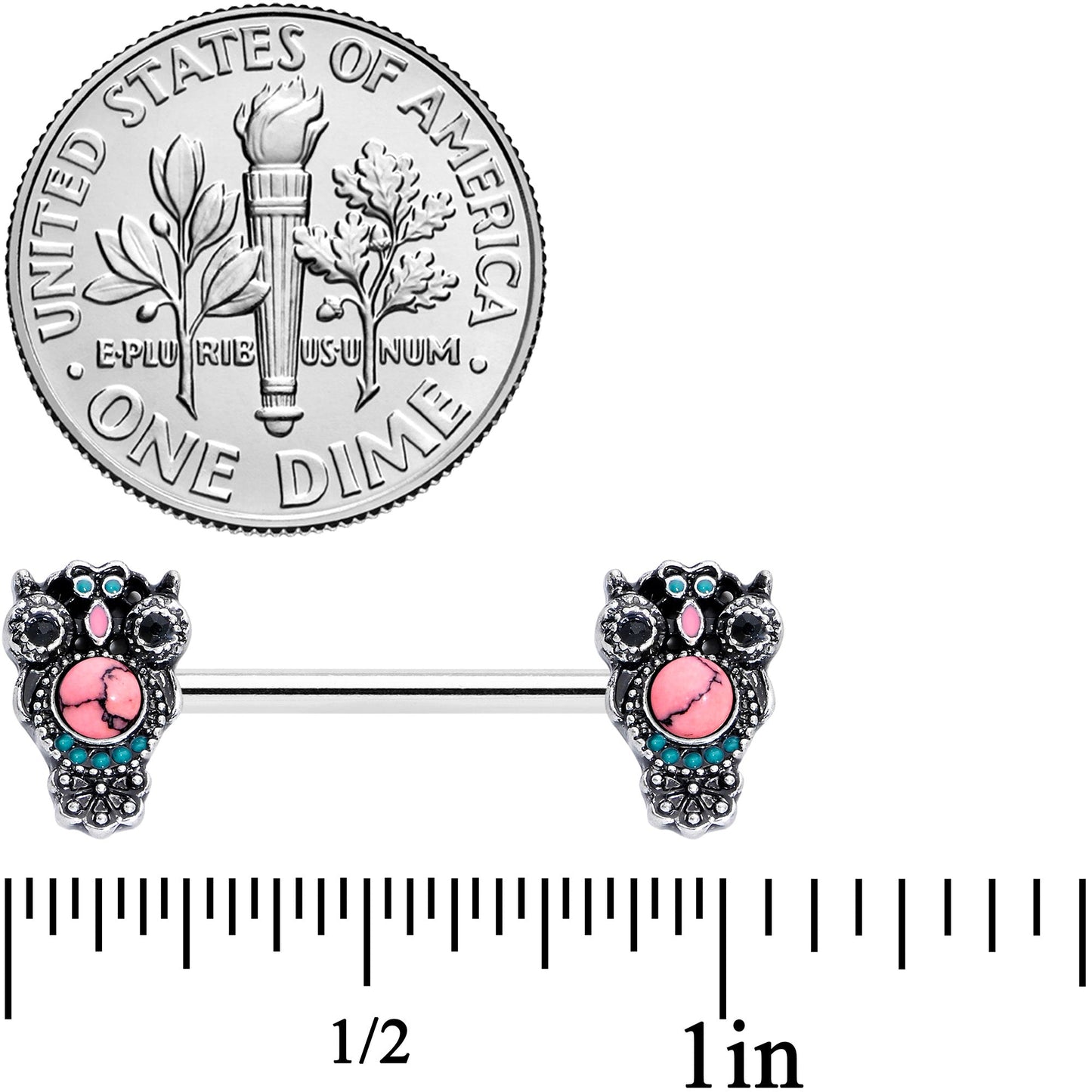 14 Gauge 9/16 Black Gem Pink Orb Owl Barbell Nipple Ring Set