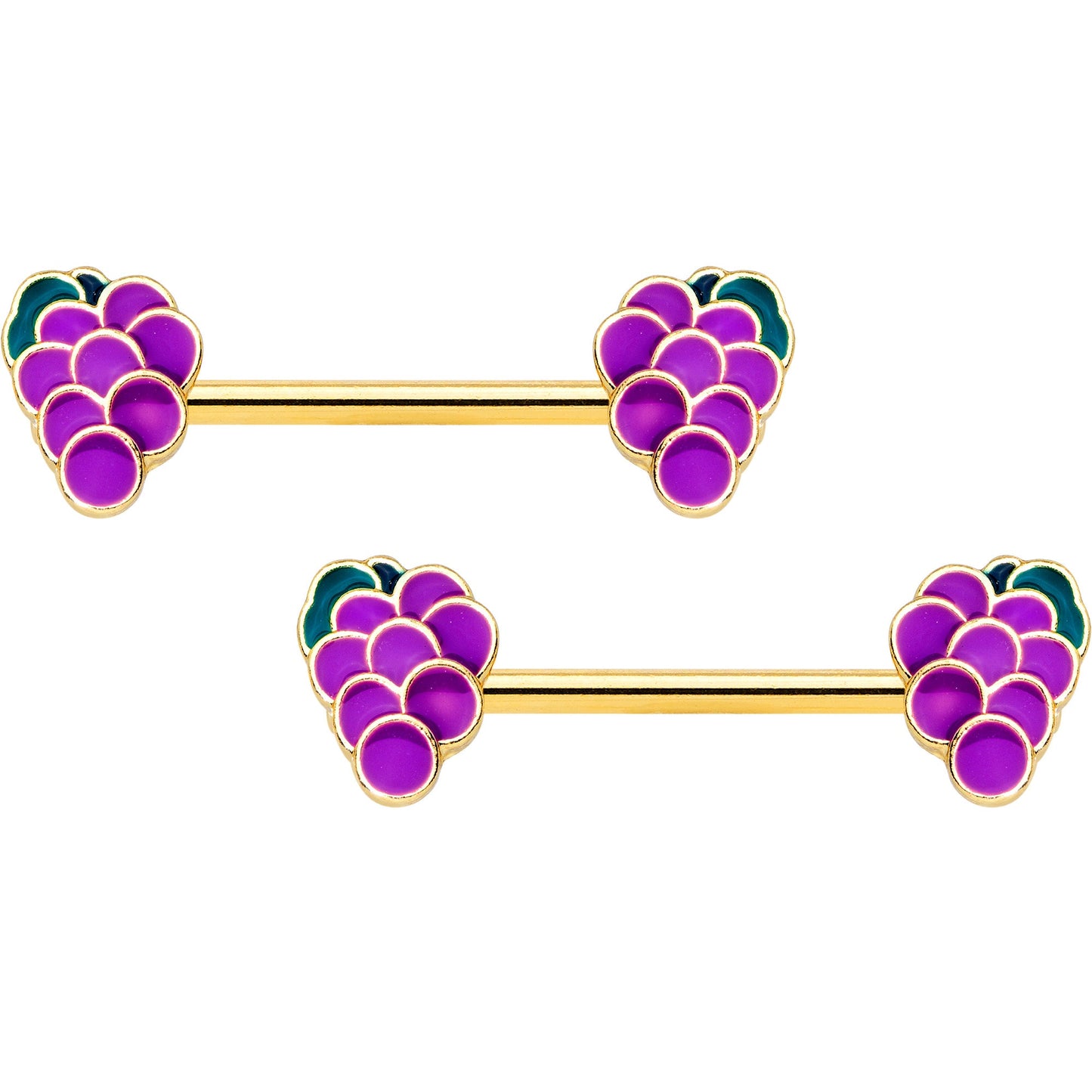 14 Gauge 9/16 Gold Tone Sweet Purple Grapes Barbell Nipple Ring Set