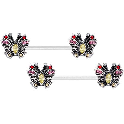 14 Gauge 9/16 Red Pink Gem Art Deco Butterfly Barbell Nipple Ring Set