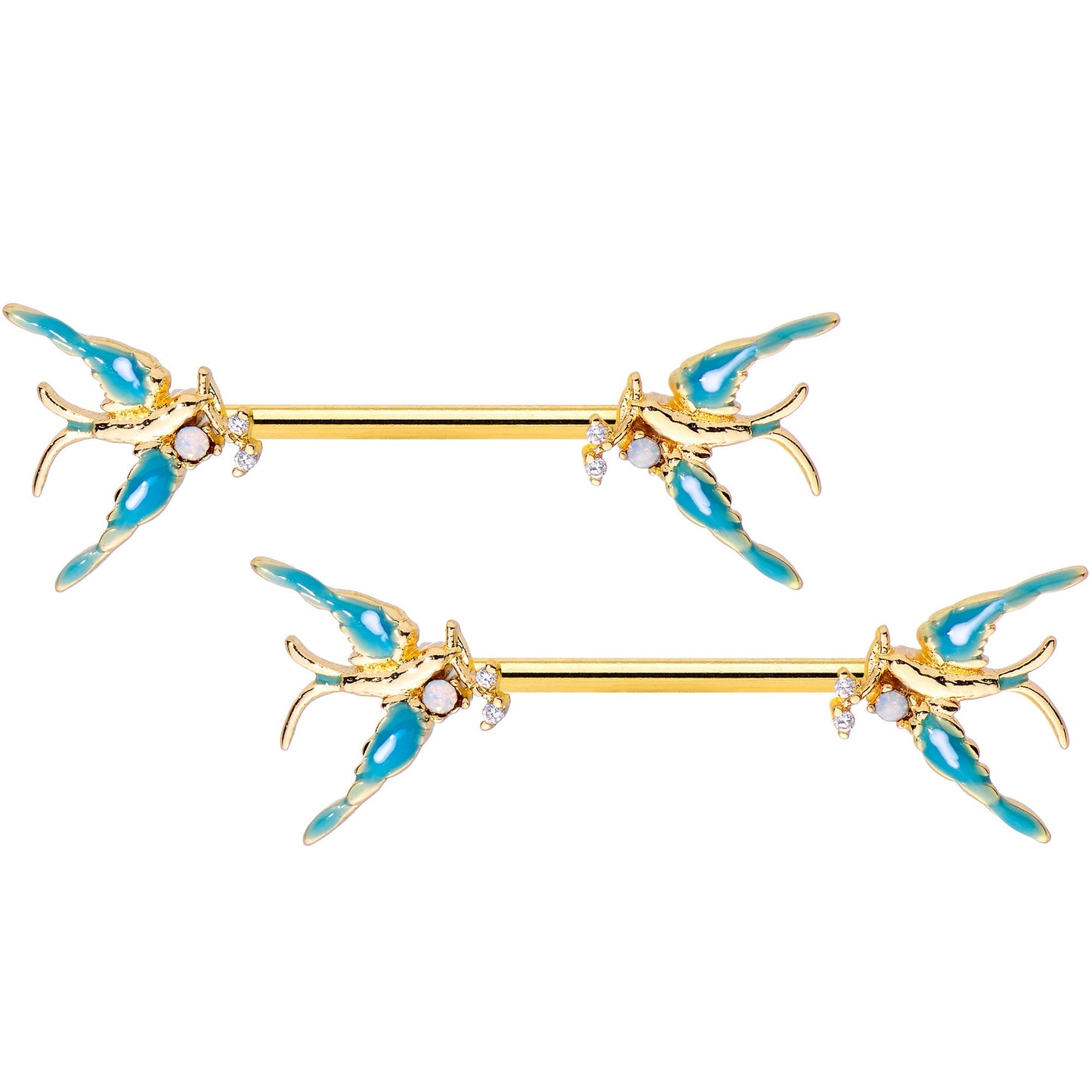 14 Gauge 9/16 Clear CZ Gem Gold Tone Swallow Bird Nipple Ring Set