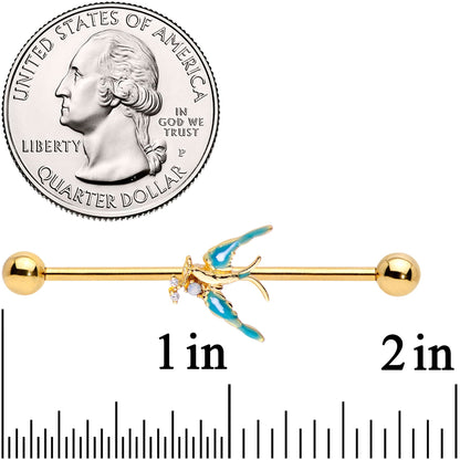 14 Gauge Clear CZ Gem Gold Tone Swallow Bird Industrial Barbell 38mm