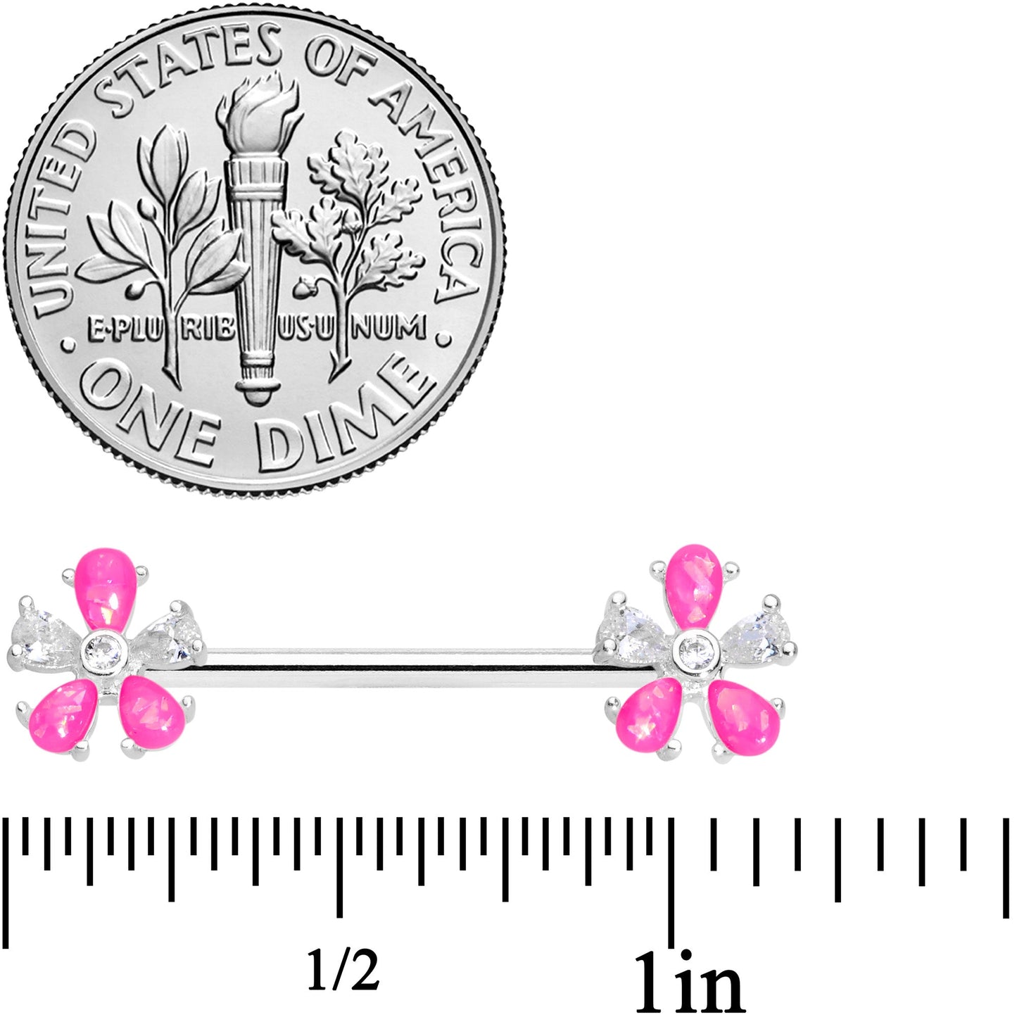 14 Gauge 9/16 Pink Faux Opal Flower Barbell Nipple Ring Set