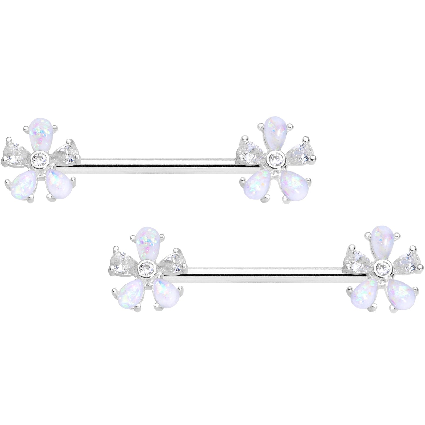 14 Gauge 9/16 White Faux Opal Flower Barbell Nipple Ring Set