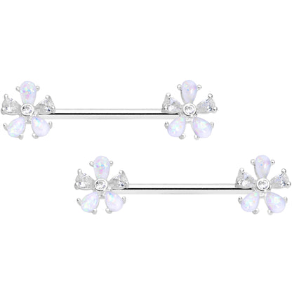 14 Gauge 9/16 White Faux Opal Flower Barbell Nipple Ring Set