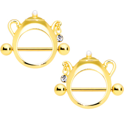 14 Gauge 5/8 Clear Gem Gold Tone Teapot Nipple Shield Set