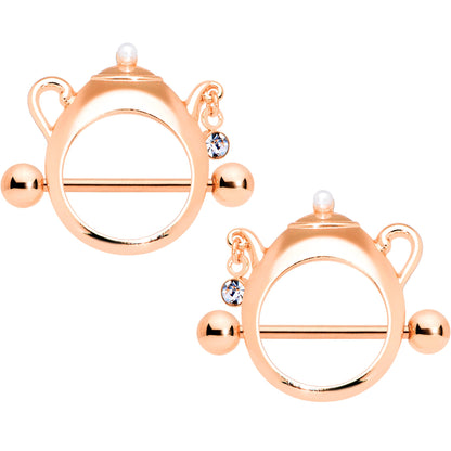 14 Gauge 5/8 Clear Gem Rose Gold Tone Teapot Nipple Shield Set