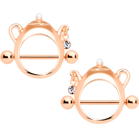 14 Gauge 5/8 Clear Gem Rose Gold Tone Teapot Nipple Shield Set